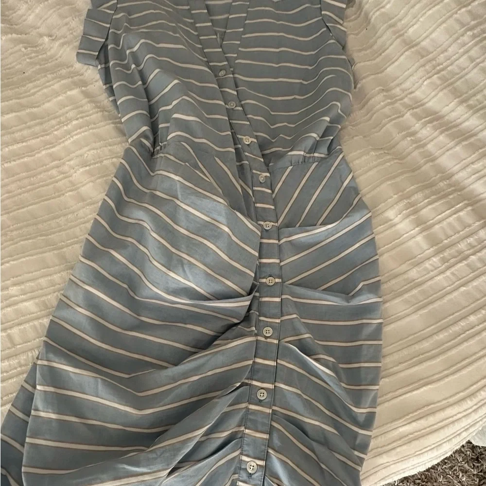 Veronica Beard Blue and White Striped Ruched V-Neck Midi Dress - Picture 4 of 5